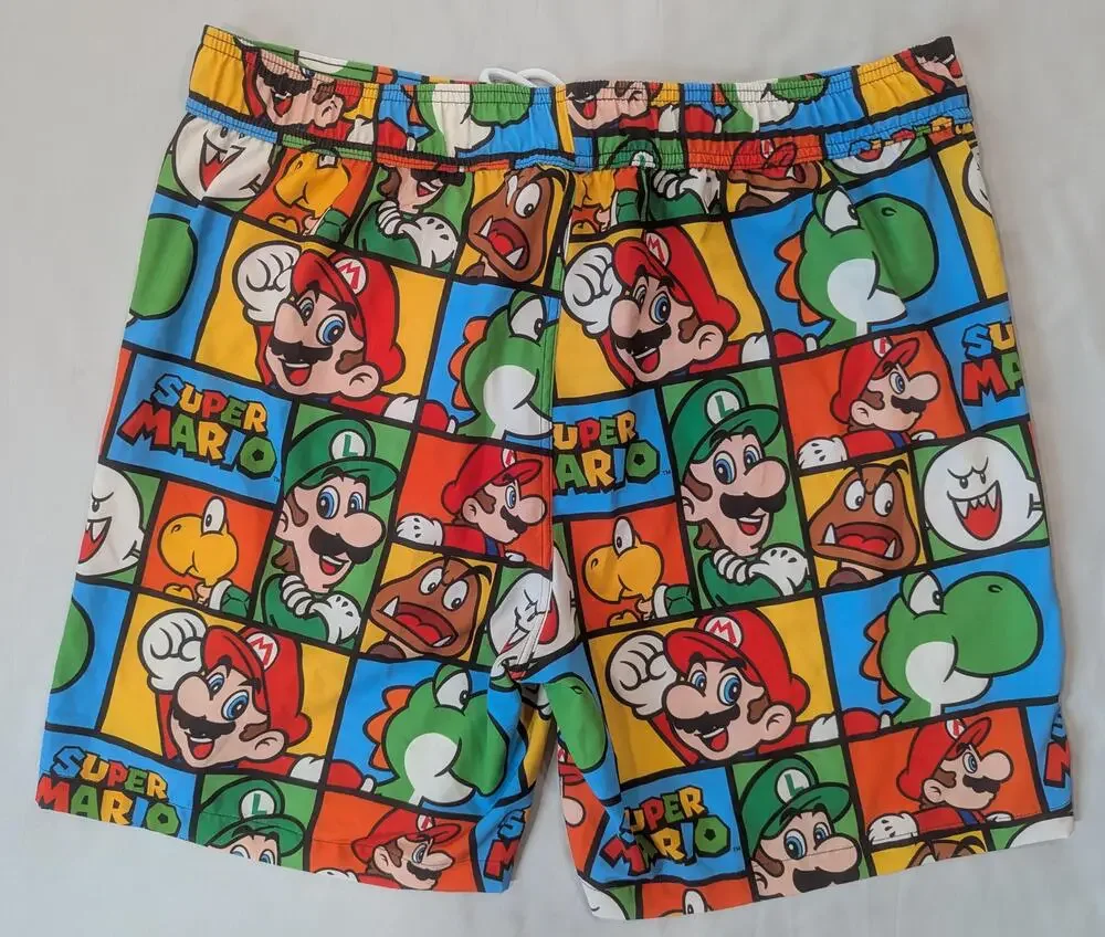 Super Mario Nintendo Swim Shorts Mens XL Multicolor Character Print Trunks